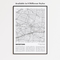 Watertown Map Print, Massachusetts Travel Poster, Modern Map, Wall Decor Art