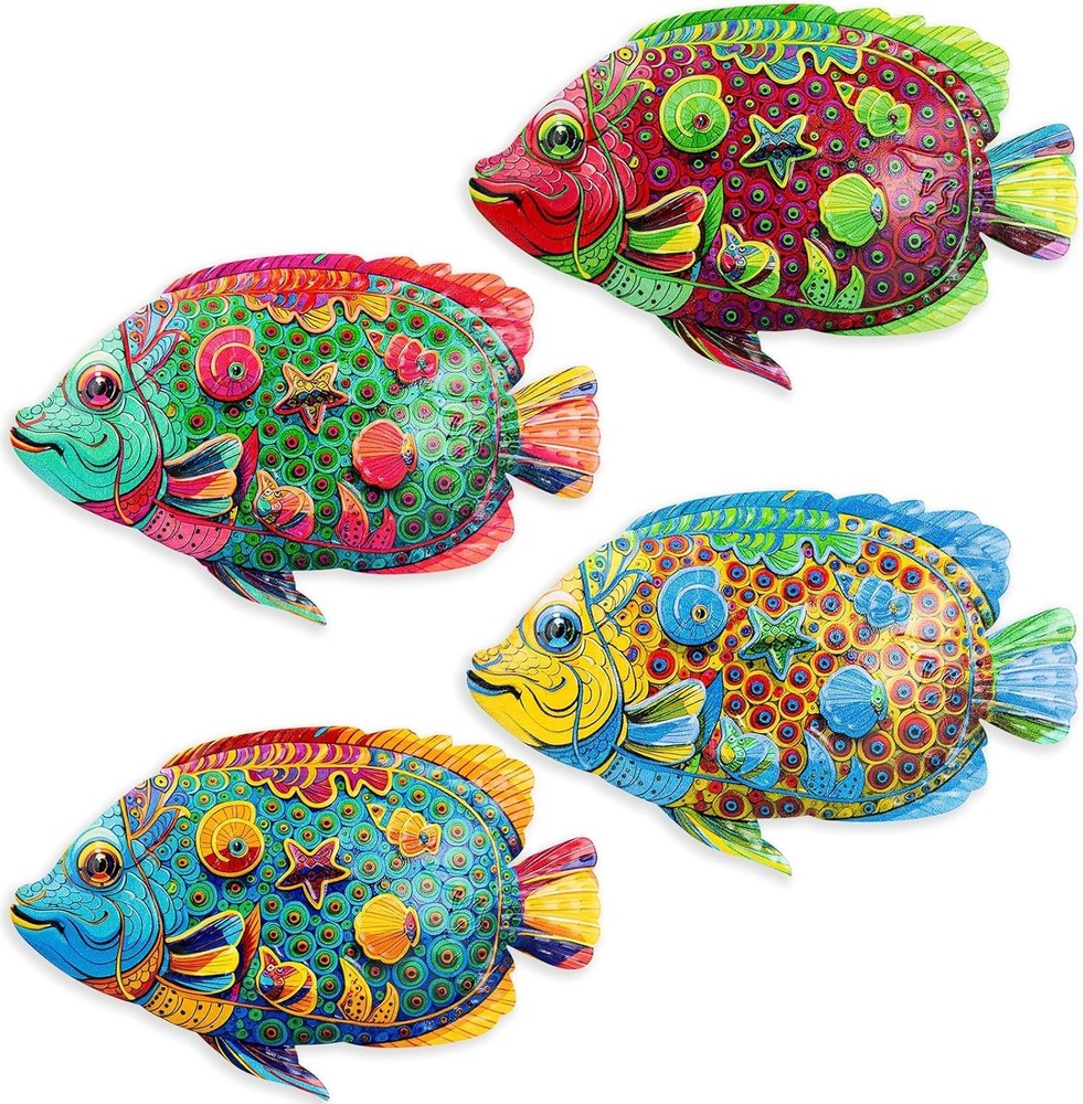 9 Inches Metal Fish Wall Art, Coastal Beach Nautical Hanging Decor 4 Pack