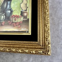 VTG Still Life Fruit Prints Pair Ornate Gold Tone Black Velvet Mats 8×10 MCM