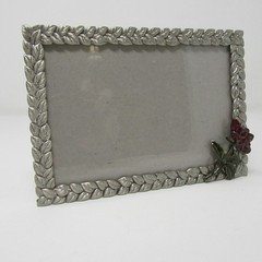 Vtg Cottage Core Red Rose Pewter Metal Photo Frame 4 x 6 Silver tone 1999 Elsa L