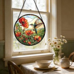 DASTOLL Stained Glass Window Hanging, Hummingbirds 9.8×9.8 IN, Orange Color