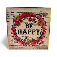 Vintage Wooden Shelf Sitter Shabby Chic Cottage Colorful Floral Sign «Be Happy»