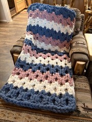 Chunky Knit Crochet Striped Chair Throw Blanket, Blue Pink White Rectangle