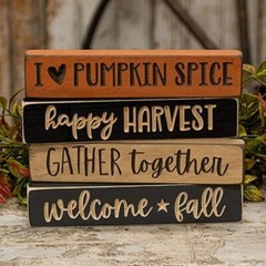 New Primitive PUMPKIN HARVEST Signs 4 ASSORT 9″W Distressed Engraved FALL Wood