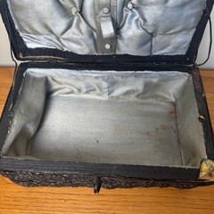 Vintage Black Wicker Sewing Kit Notions Case Handle Clasp Satin lined