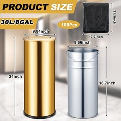 Reallnaive 30L/8GAL Gold Lidded Trash Can with 100 Garbage Bags Metallic Gold…