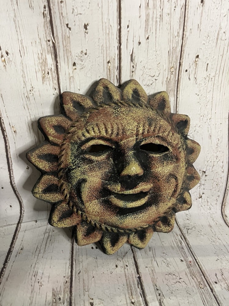 Rustic Terracotta Clay Celestial Sun Face Wall Plaque Outdoor Garden Folk Art