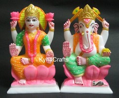9 Inches White Marble Maa Laxmi and Ganesha Ji Statue Hand Carving Work Vinayak
