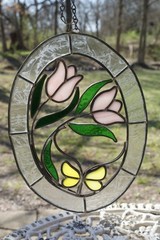 SG8 Handcrafted Stained Glass Suncatcher, Tulips & Butterfly, 10.5X8 in.