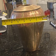 Gold Hammered Copper With Brass Art Vase, Abstract Urn Shape, 10 in
