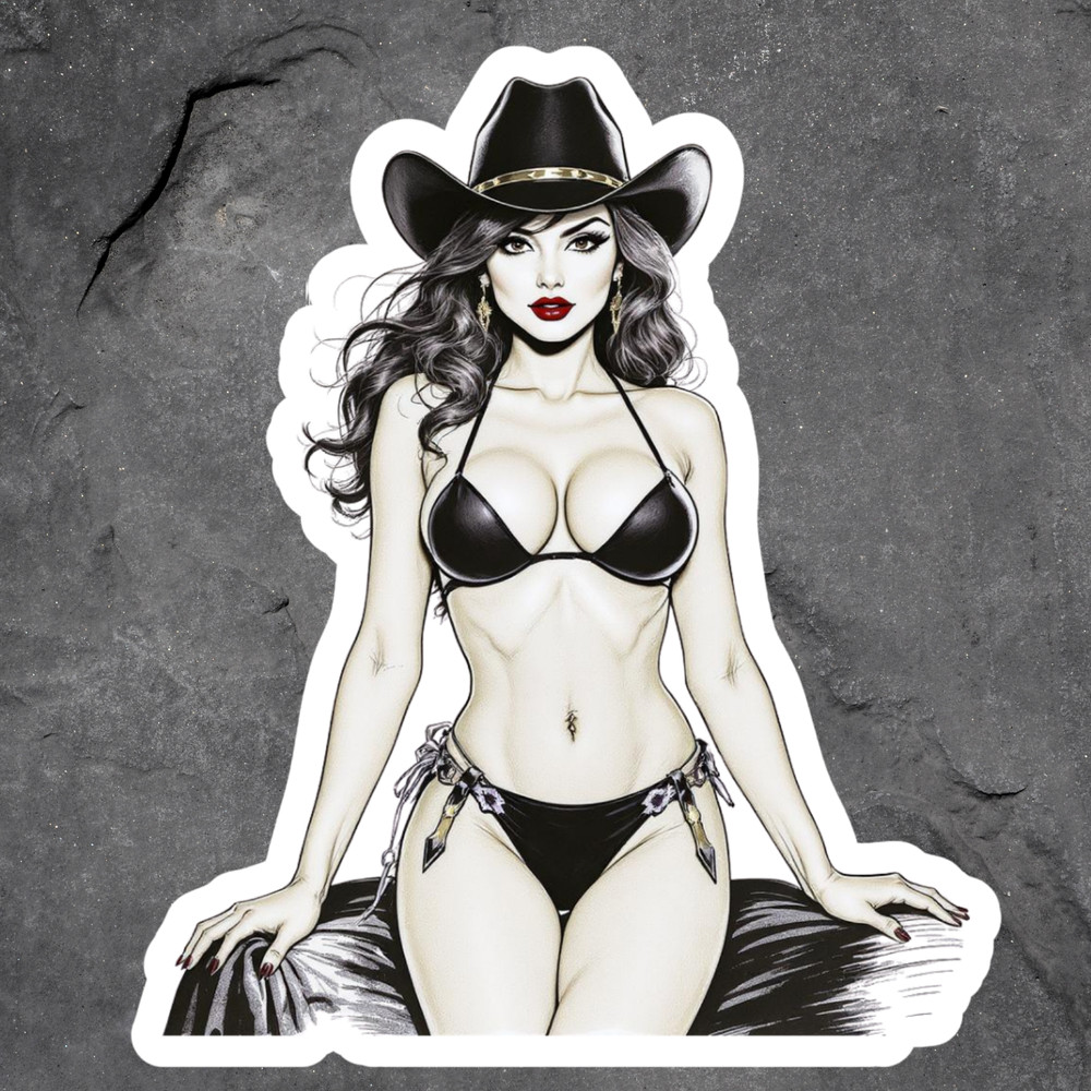 Pinup girl sticker vinyl decal cowgirl bikini hat western sexy retro