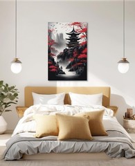 Japanese Wall Art Asian Landscape Canvas Prints Red and Black Cherry Blossom …