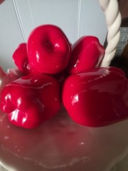 Ceramic Candy Red Apples (7) In White Basket Fruit Embossed Weave Handle