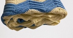 Chevron(Zig Zag)Pattern Hand Crochet Blue & Cream W-65″ x L-92″ Blanket Throw