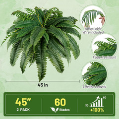 2 Pack 45″/60 Leaves Large Fake Ferns, UV Resistant Outdoor Artificial Plants Fa