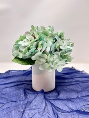 6.5″ Artificial BLUE-GREEN HYDRANGEA faux Silk flower, smooth matte ceramic pot