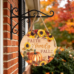 Faith Family Fall Front Door Sign Fall Sunflower Pumpkin Door Decorations Wood S
