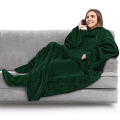 Blanket with Sleeves, Foot Pockets for Women Men Adults, Fleece Emerald Green