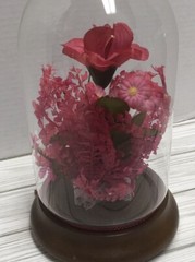Vintage MCM Glass Cloche with Butterfly And Hot Pink Flowers Wood Base