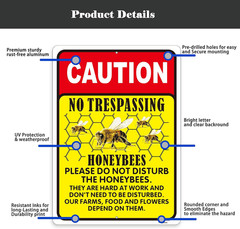Caution No Trespassing Honeybees Sign, 2 Pack 10 X 14 Inch Metal Reflective Rust