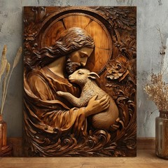 Jesus Good Shepherd Wood Carving Christian Canvas Wall Art Lamb