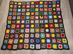 Granny Square Crochet Afghan Blanket Black Multi Color 48 x 54 Cottage Core