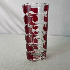 Red Geometric Glass Vase Modernist Decor Table Centerpiece 9 Inches Tall