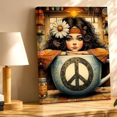 Wall Art Hippie Girl in Teacup Peace Sign Daisy Boho Kitchen Fantasy Print Decor