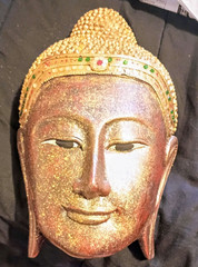 Buddha Decorative Wood Wall Mask Painted Finish Gold Brown Red Green 12 in