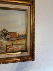 Vintage Oil Painting Signed Iva Frazier Windmill Barn Farm Landscape
