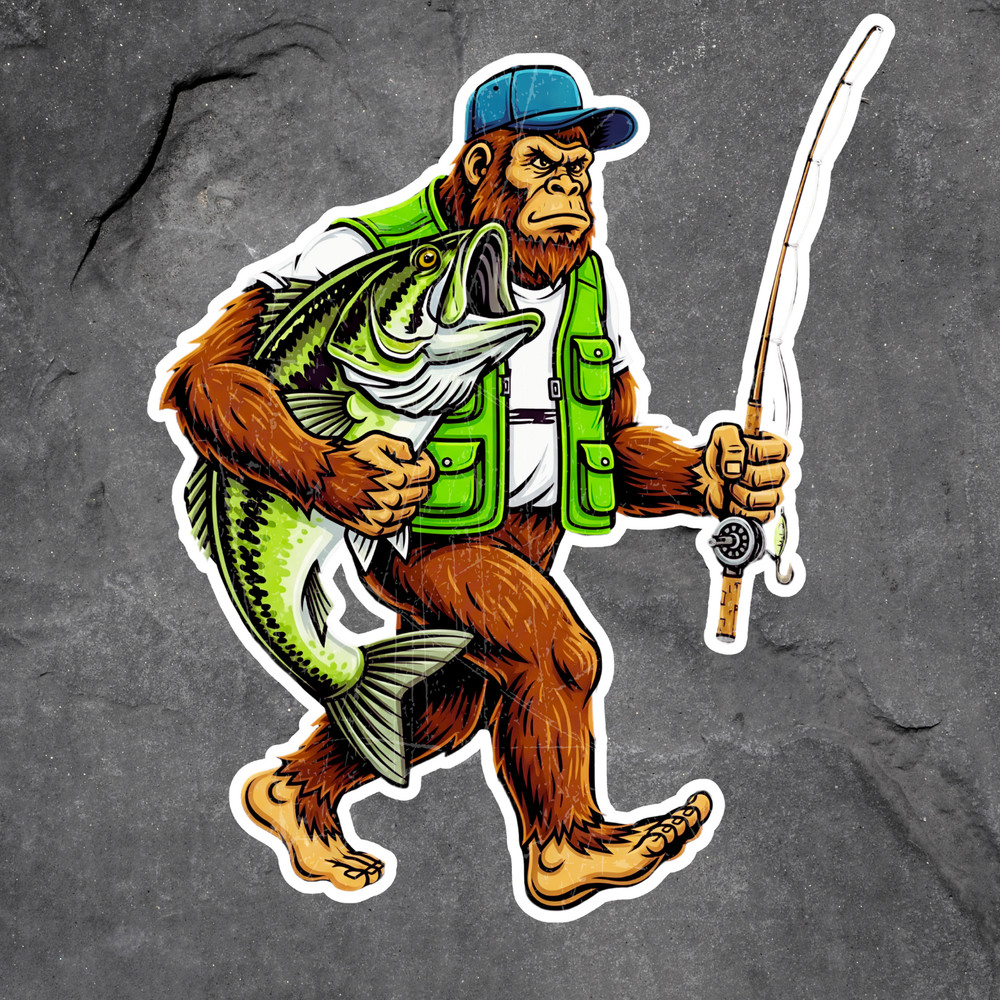 Bigfoot Fisherman Sticker Vinyl Decal Holding Bass Fishing Pole Funny Cartoon