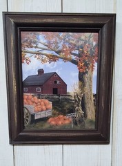 Fall scene Pumpkins barn Farmhouse Distressed wood framed wall picture