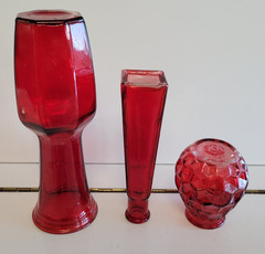 3 RUBY RED DECORATIVE BOTTLES ASYMMETRICAL CYLINDER AND DIAMOND POINT