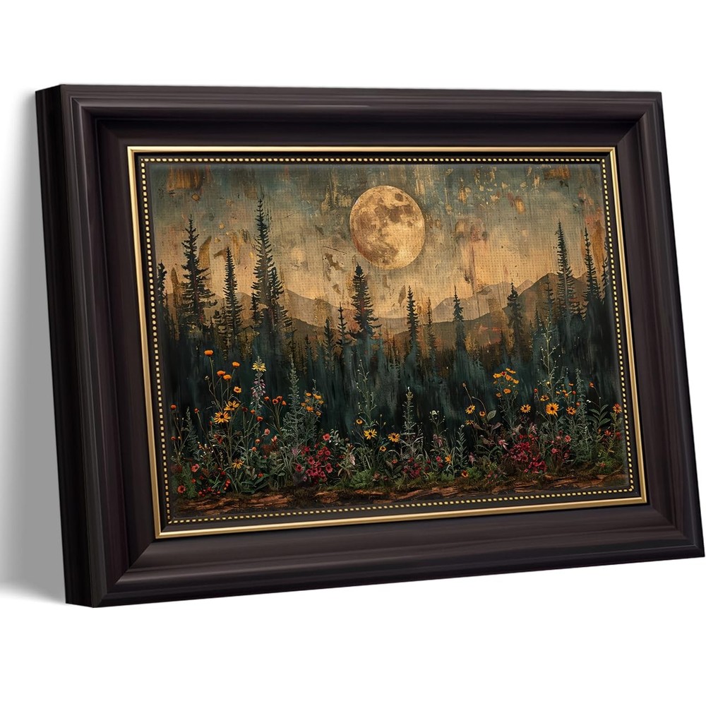 Dark Brown Frame Full Moon Forest Canvas Wall Art Woodland Nature Landscape P…