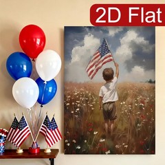 Boy Holding American Flag in Wildflower Field Canvas Wall Art, Patriotic Decor