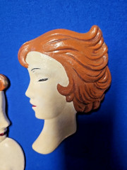 Vintage Chalkware Lady Head Wall Plaques Pair Art Deco Style Mid Century