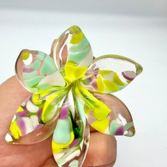 2 Hand Blown Art Glass Flowers Murano Style Green Purple Yellow Frit 10” & 6”