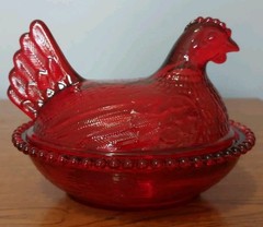 Red Glass «Hen on Nest» Covered Dish 5 1/2 In Tall 7 In Long NEW