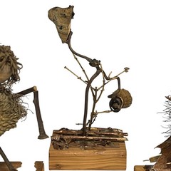 VTG Handmade Folk Art Twig Sculptures Set Wood Base Rustic Nature Figures 3pc