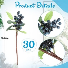 30 Pcs Artificial Blue Berry Stems Bulk, 9.8 Inch Faux Berry Picks with Green