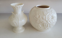 2 LENOX BEIGE PORCELAIN ROUND VASES WITH RAISED FLORAL DESIGN 4 INCHES