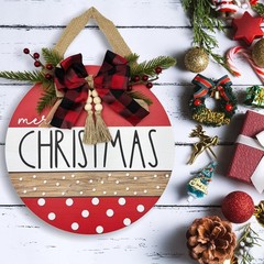 Merry Christmas Sign for Front Door,Round Wood Hanging Wreaths Red
