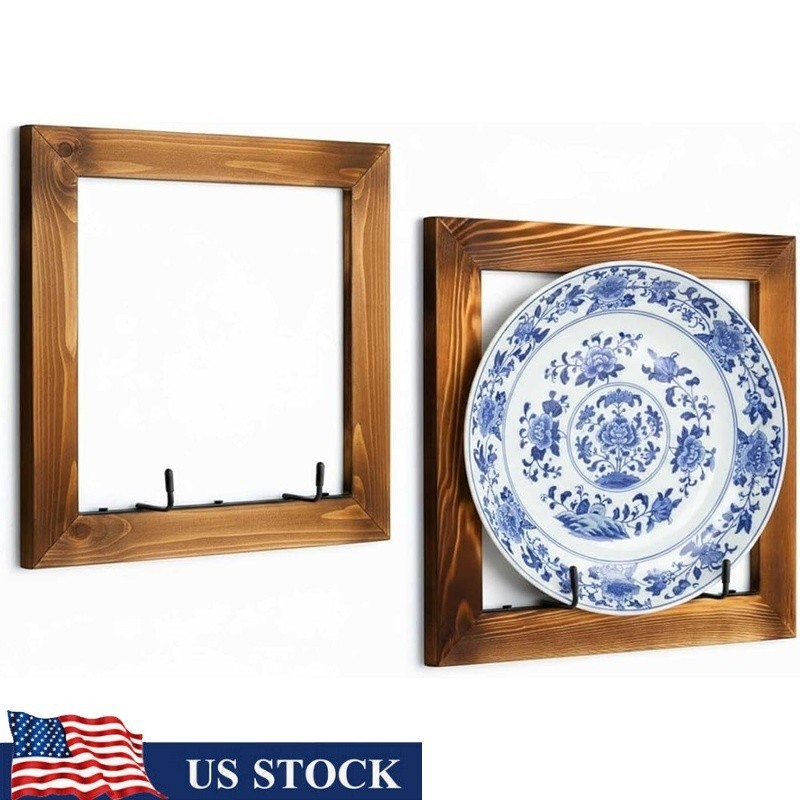 Wall Mounted Plate Holder Set 2 Rustic Wood Frame W/ Metal Hooks Display New