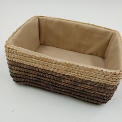 Handwoven Rattan Storage Basket Two Tone Rectangular Lined Organizer 7″
