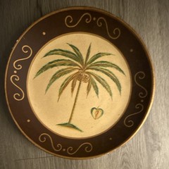 Palmtree Hand Painted Round Ceramic Decorative Plate Brown Beige Green Floral