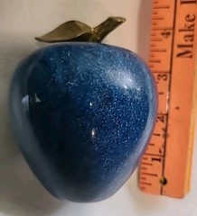 Italian Blue Marble Apple Solid w/Brass Leaf 1960s Paperweight 4″ Shelf Decor