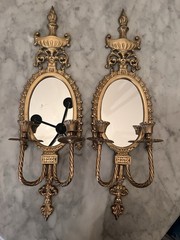 Vintage/Retro Brass Gold Oval Wall Mirror Candle Sconces Pair 8in x 20in