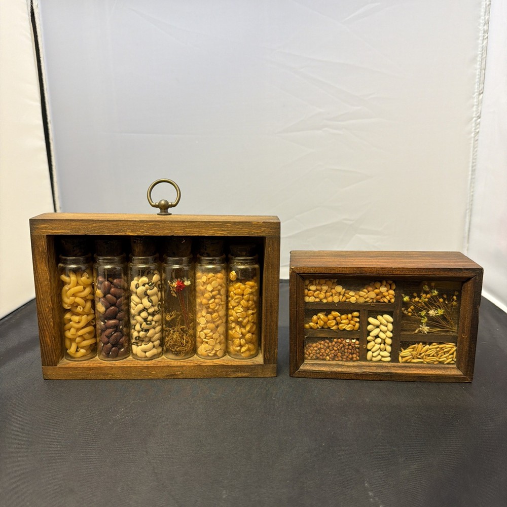 2 x Vintage 6″x8″ Wood Shadowbox w/Grains Flowers Seeds Rustic Kitchen Decor