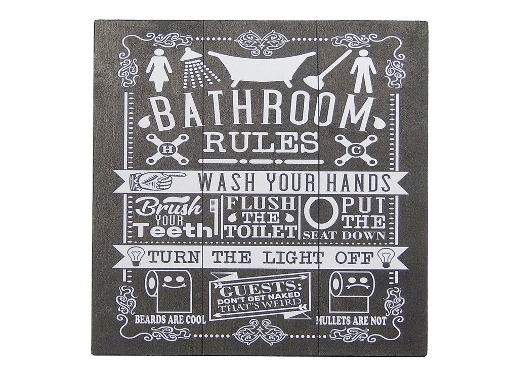 Bathroom Rules Funny Toilet Sign Shelf Sitter Wall Art Door Decor Print 5″ x 5″