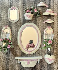 VTG Homco Burwood Pink Ribbon White Wicker 12pc Wall Decor Mirror Set Complete